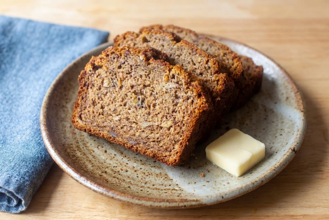 Thick slices of moist banana bread stacked on a ceramic plate on a wooden table with a pat of butter nearby