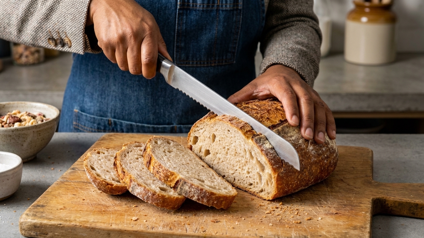 Thick slices of sourdough bread on a wooden cutting board next to a serrated bread knife