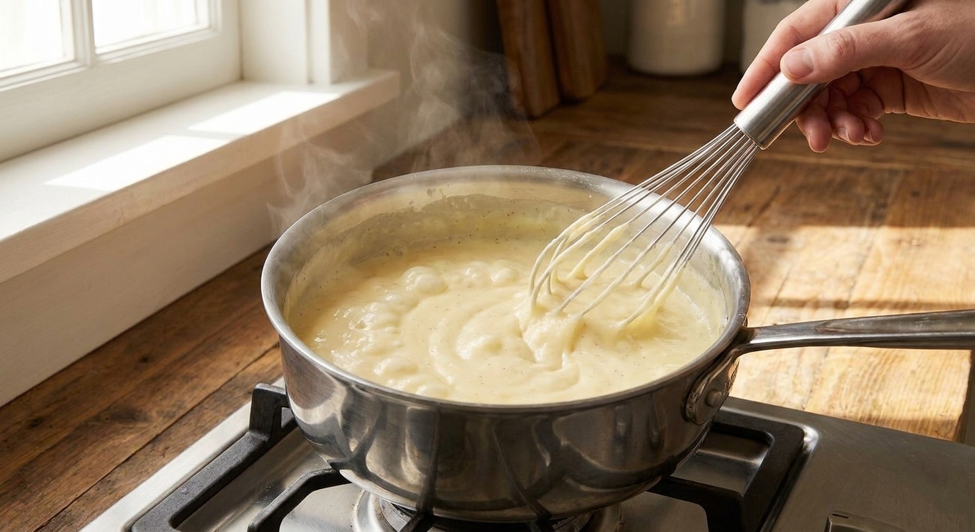Thick vanilla pudding bubbling in a saucepan as it is whisked smooth on the stovetop