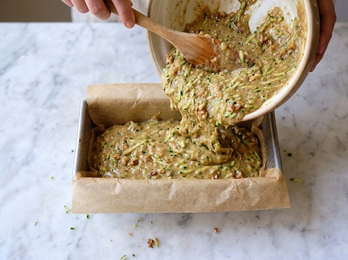 Thick zucchini bread batter being scraped into a parchment-lined loaf pan with a spatula