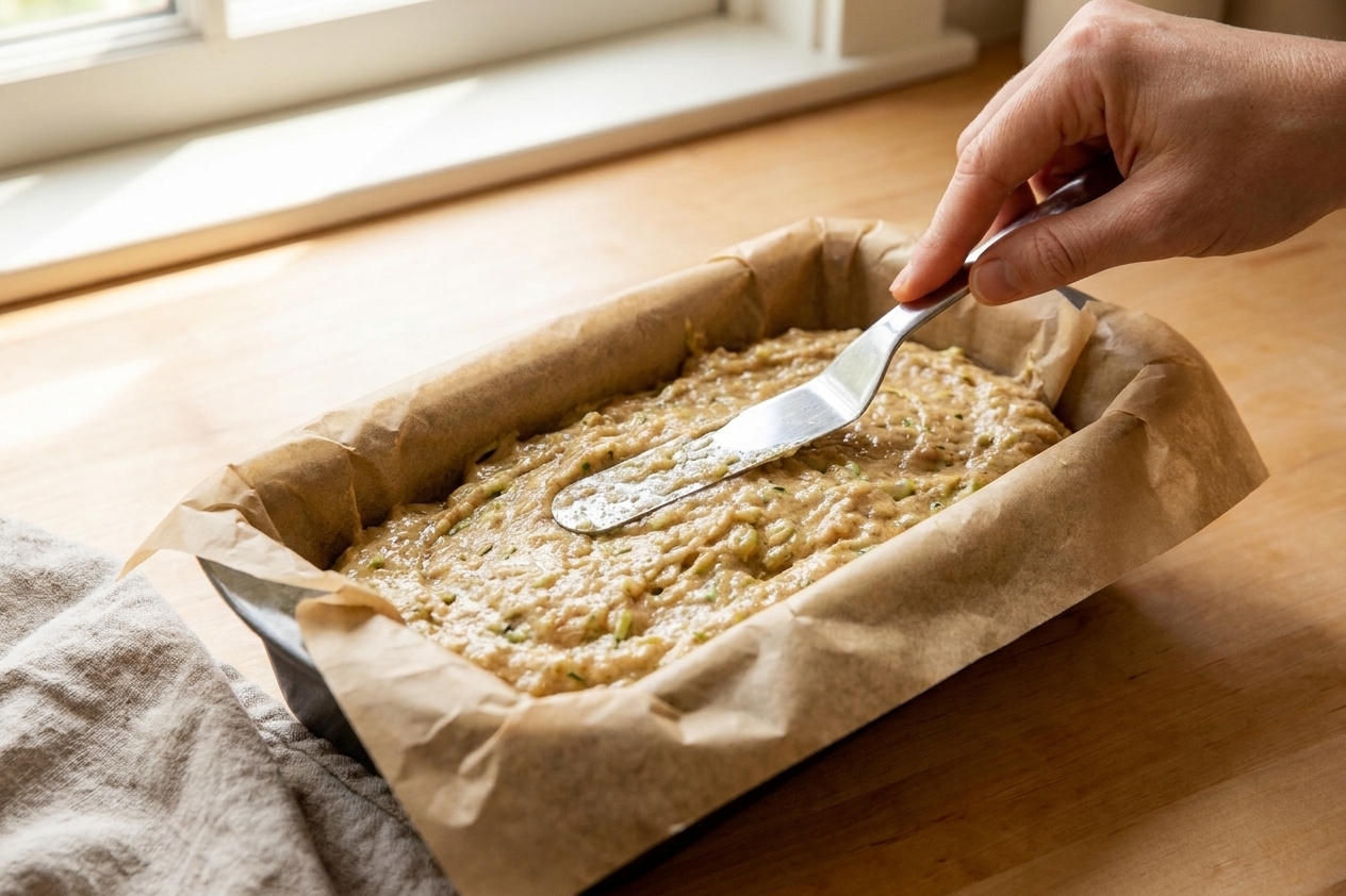 Thick zucchini bread batter being spread into a parchment-lined loaf pan