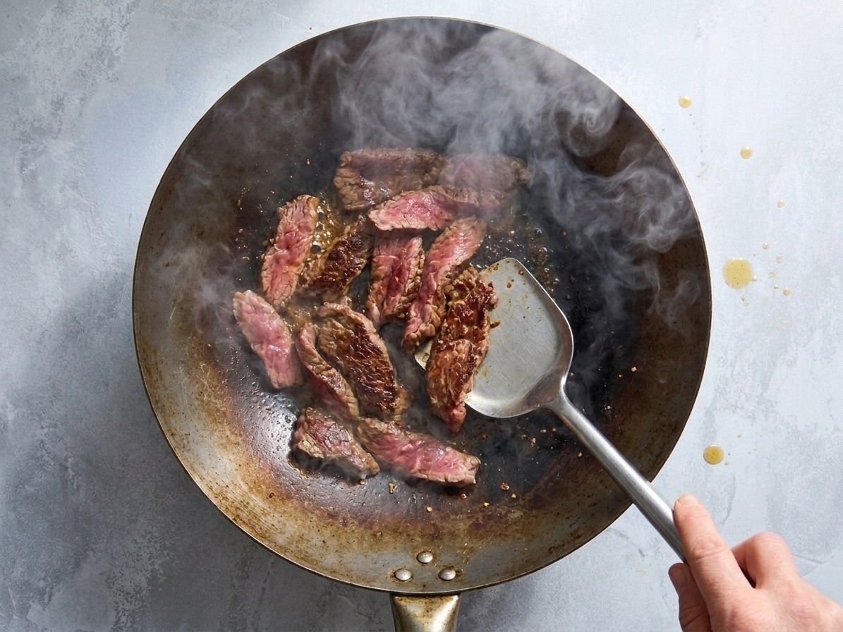 Thin slices of beef searing in a hot wok with visible browning and steam rising