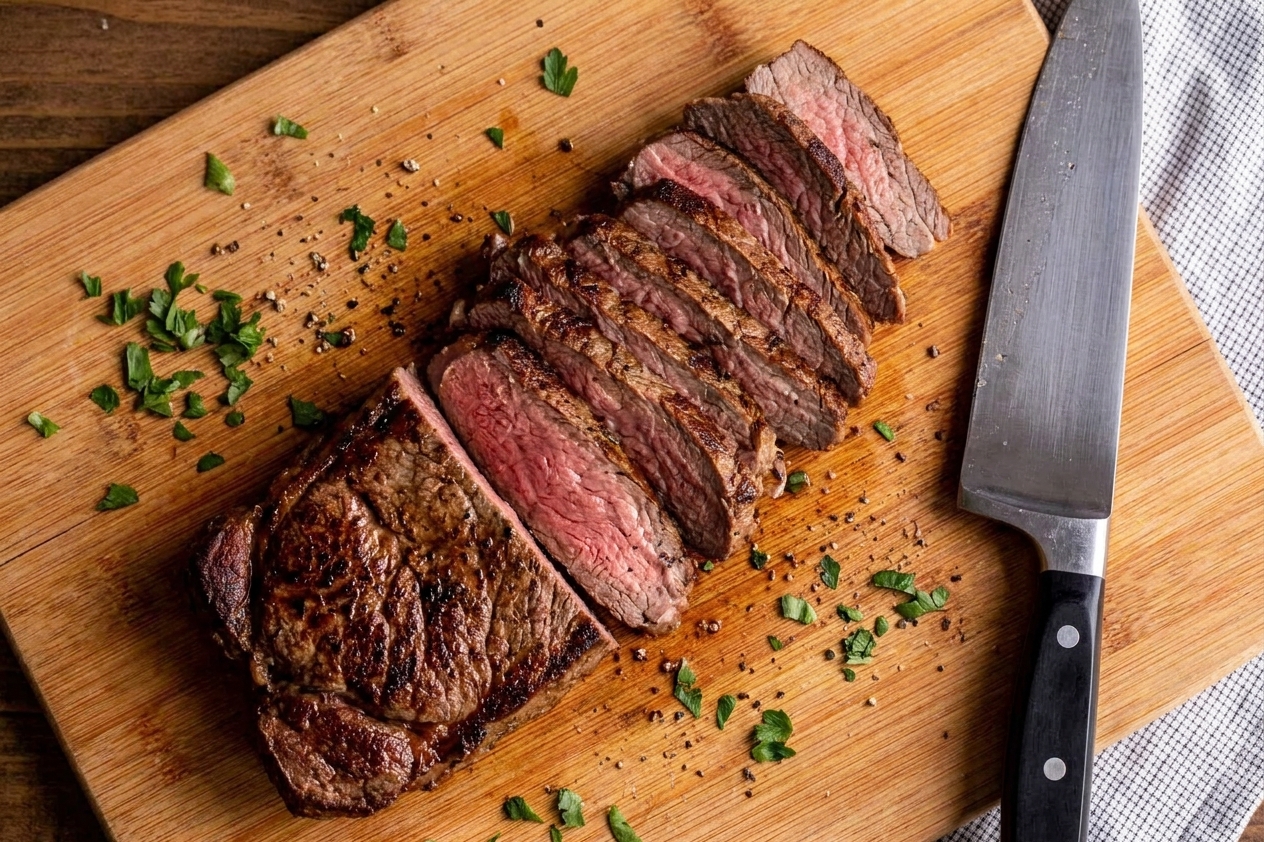 Thinly sliced sirloin steak fanned out on a cutting board beside a chef's knife