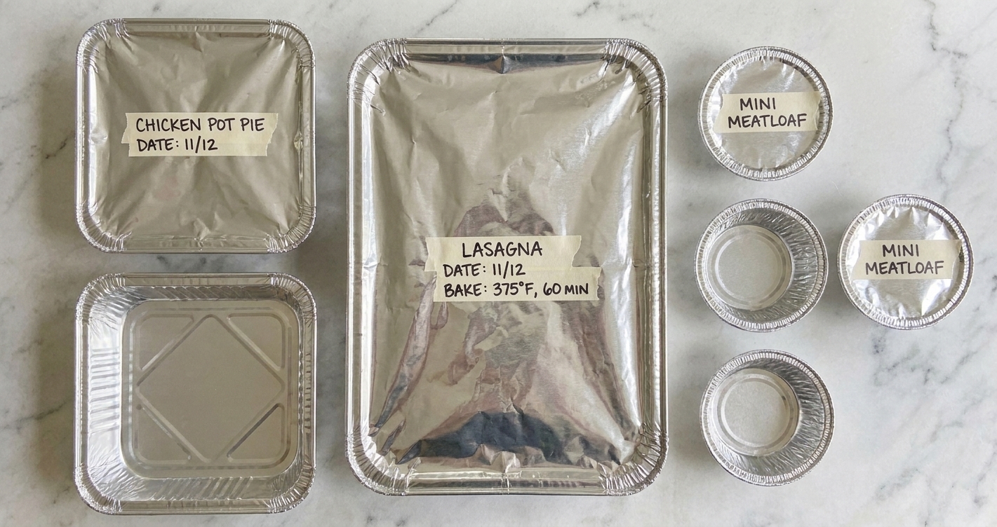 Three different casserole pan sizes on a counter, including a 9x13 foil pan, two 8x8 foil pans, and small individual foil pans