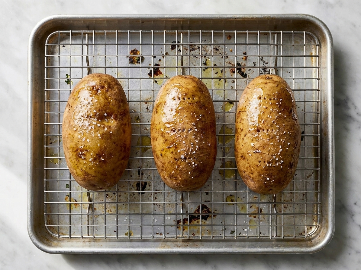 Three pierced russet potatoes on a wire rack set over a rimmed sheet pan, their skins glistening with oil and speckled with salt
