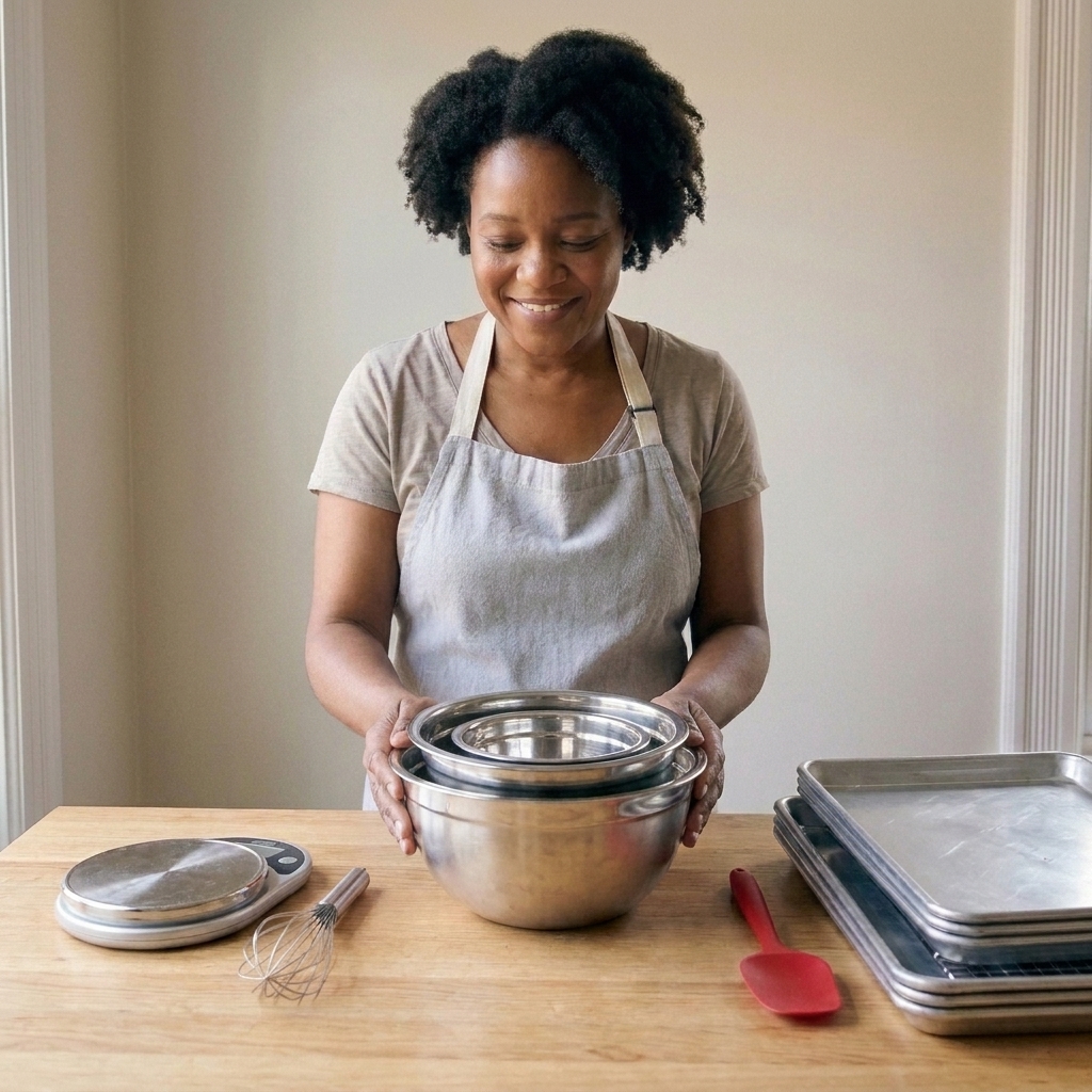 Three stainless steel mixing bowls nested together on a work surface