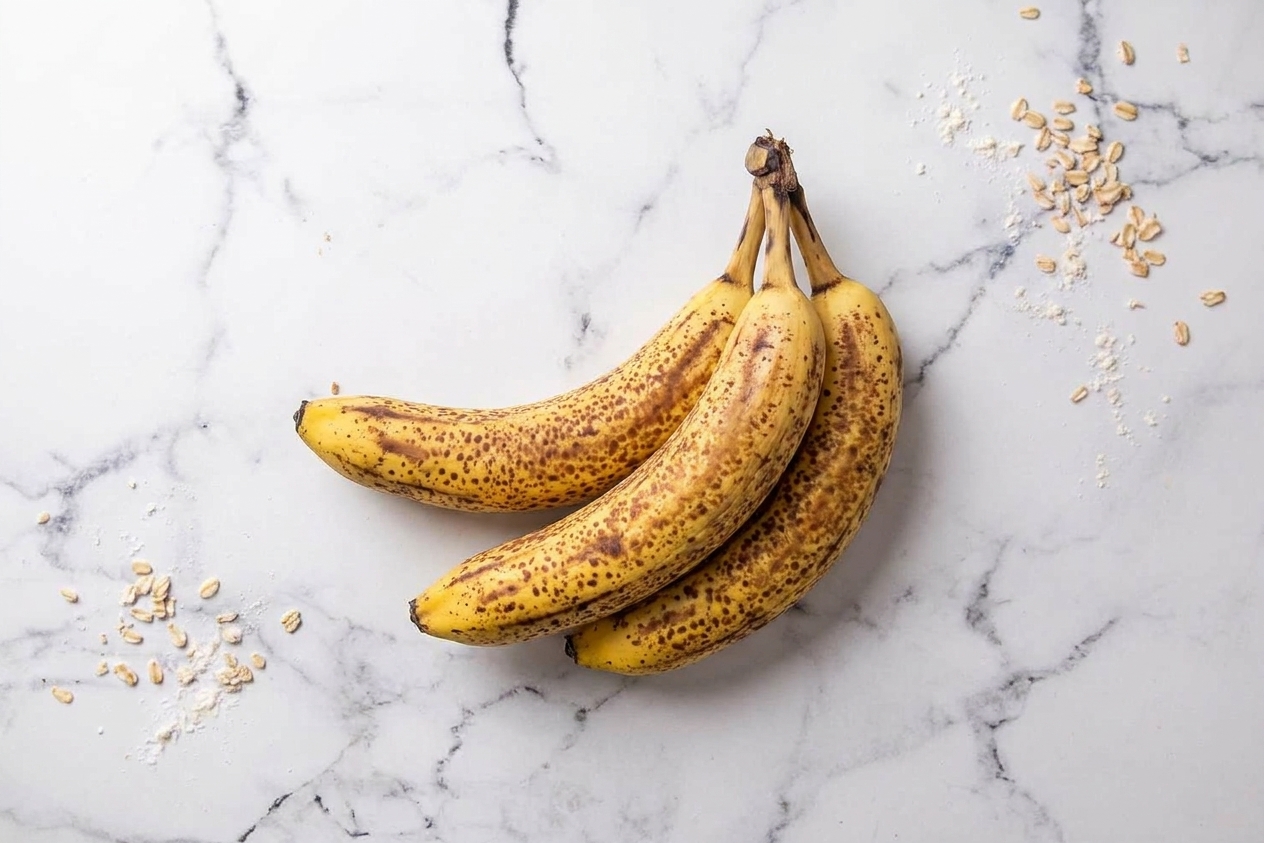 Three very ripe bananas with lots of brown speckles resting on a light kitchen countertop