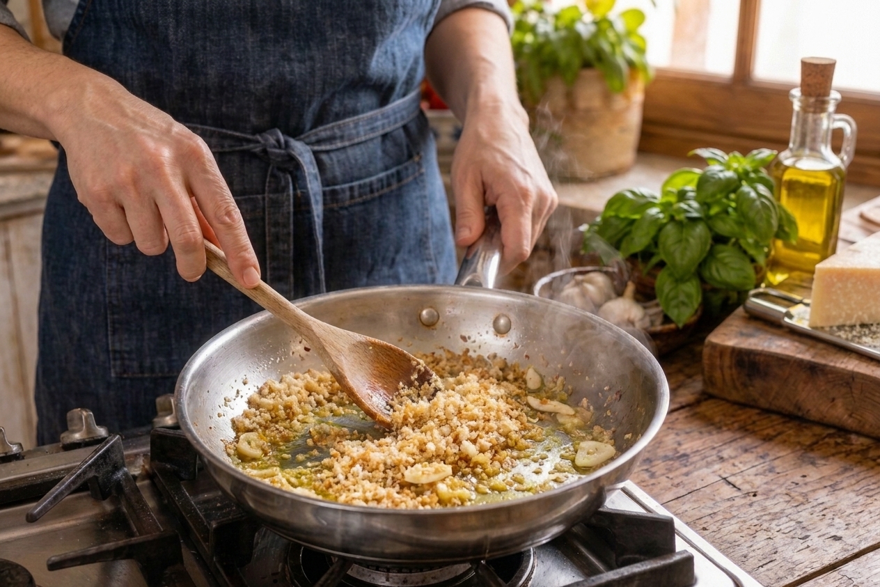 Toasted breadcrumbs being stirred with garlic and olive oil in a skillet until golden