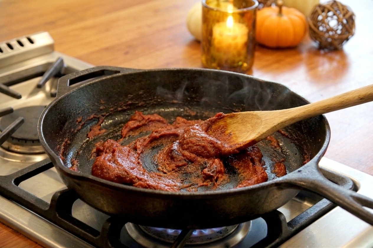 Tomato paste being stirred in a skillet with a wooden spoon as it darkens and caramelizes