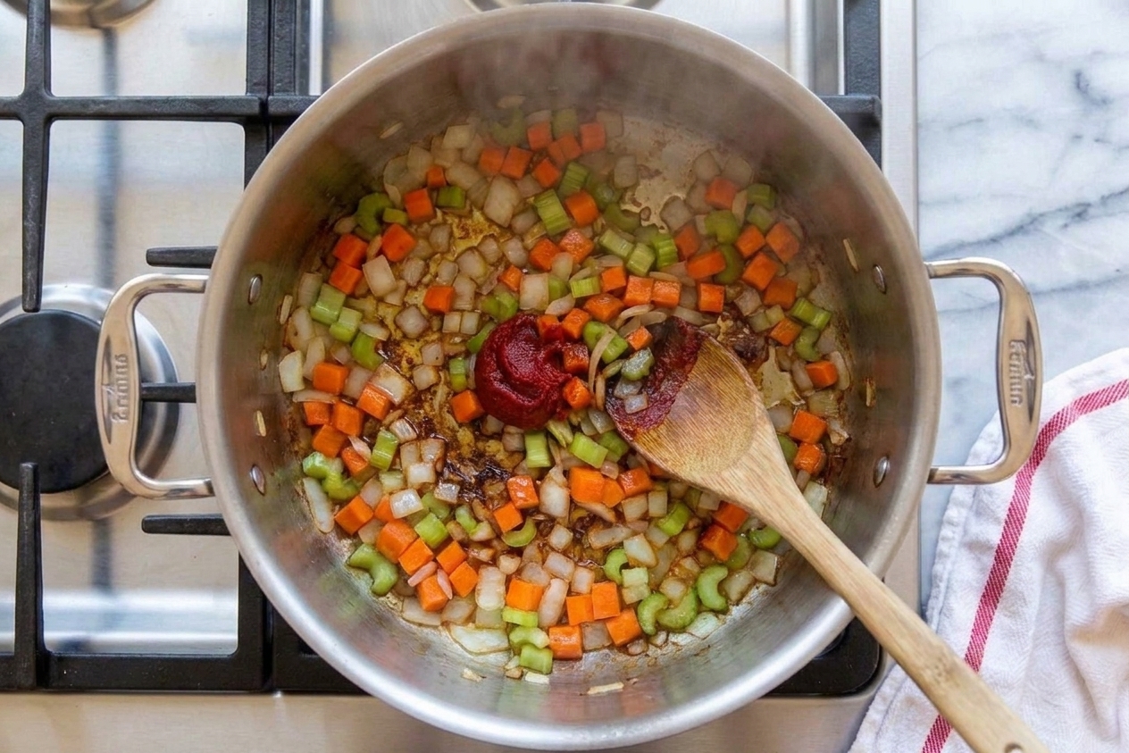 Tomato paste being stirred into sautéed vegetables in a pot, turning darker and sticking slightly as it cooks