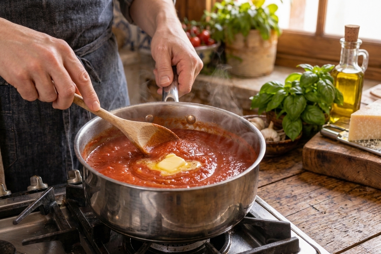 Tomato sauce simmering in a saucepan with butter melting into it, spoon stirring