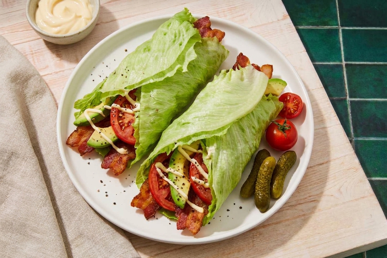 Two BLT lettuce wraps with bacon and avocado on a plate, ready to eat