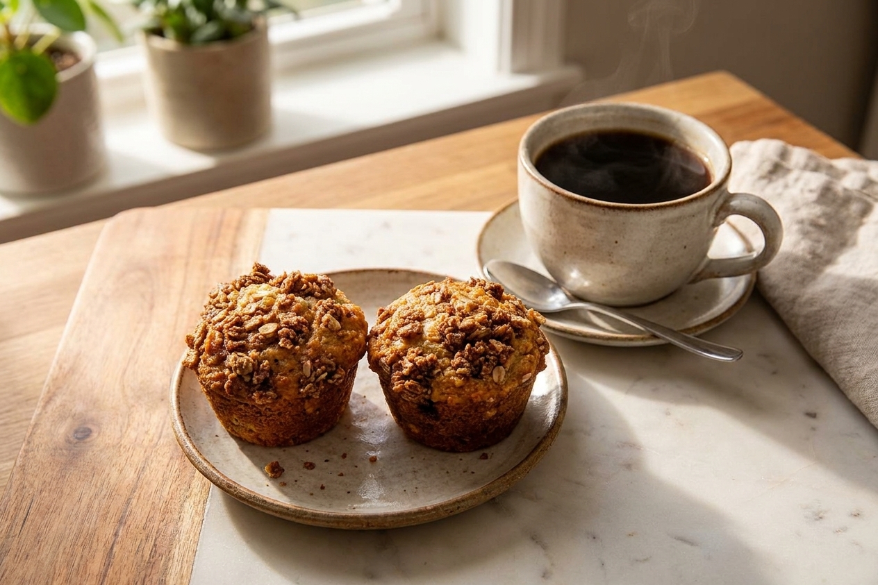 Two banana oat muffins on a small plate next to a mug of coffee on a kitchen table in morning light