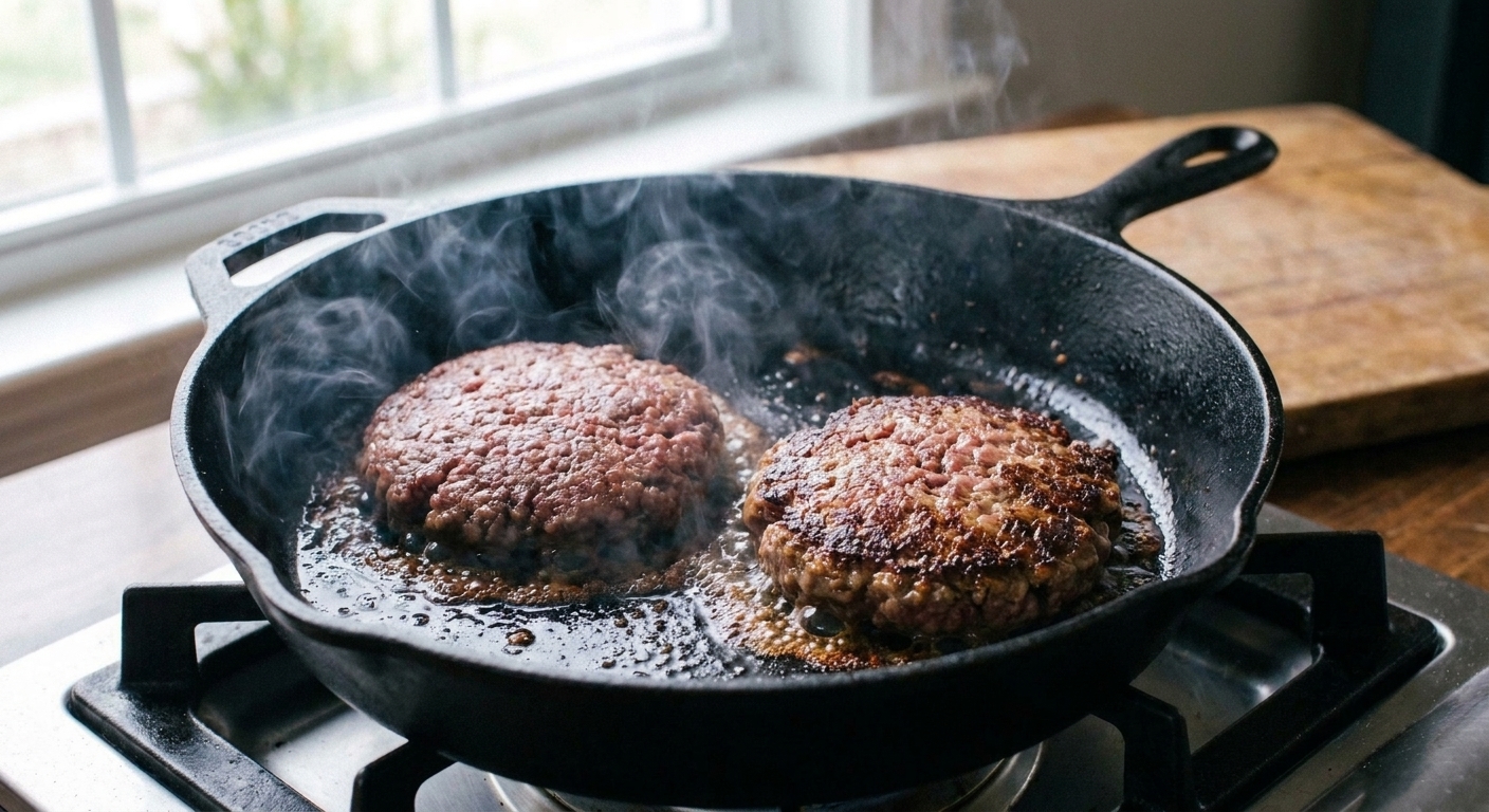 Two burger patties sizzling in a hot skillet with browned edges forming as they sear