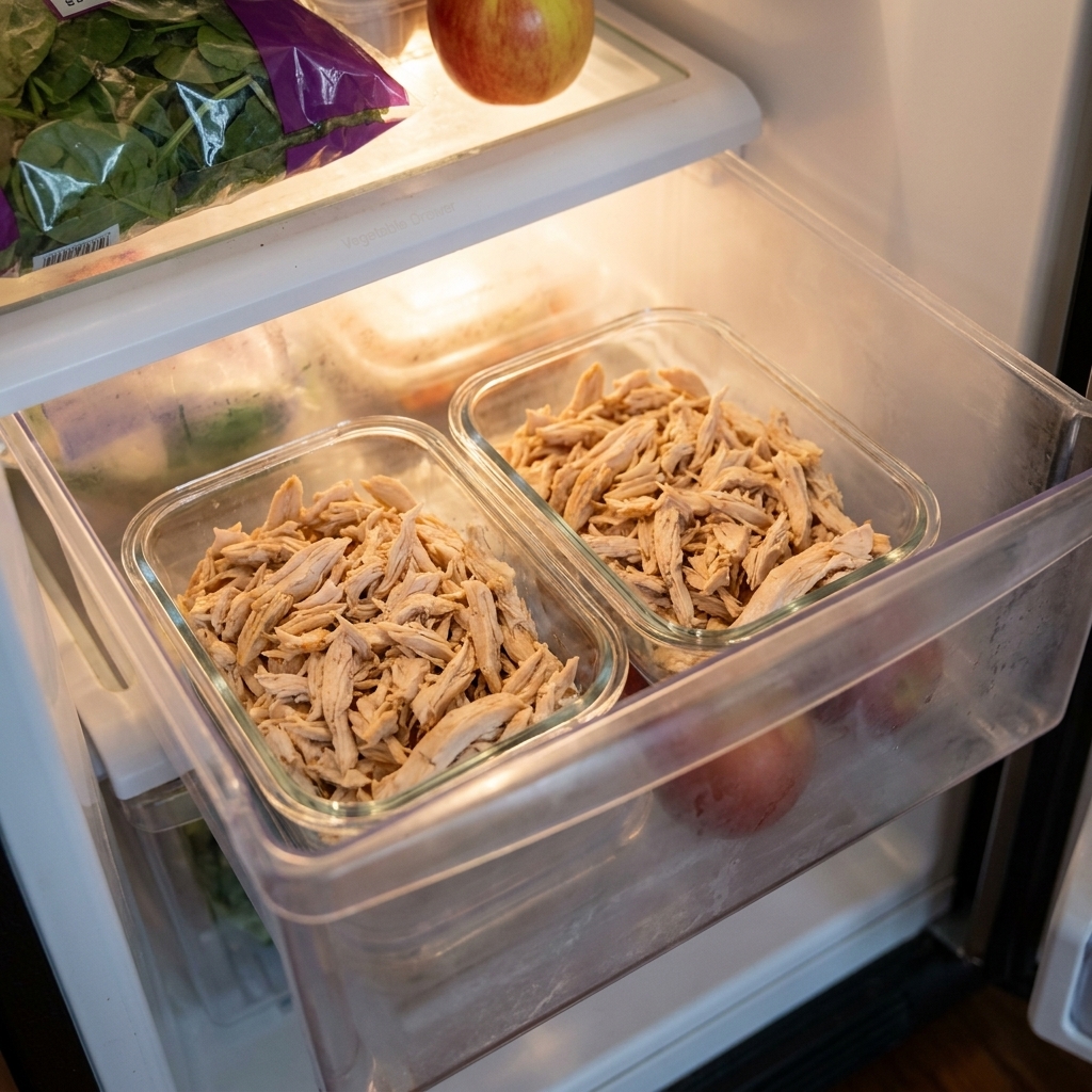 Two clear meal-prep containers in a refrigerator drawer, each filled with cooked shredded chicken