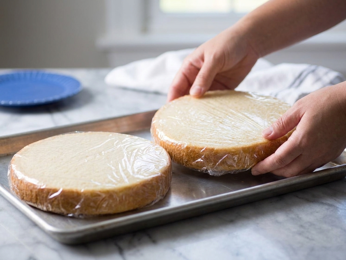 Two cooled cake layers wrapped tightly in plastic wrap and placed on a baking sheet ready for the freezer