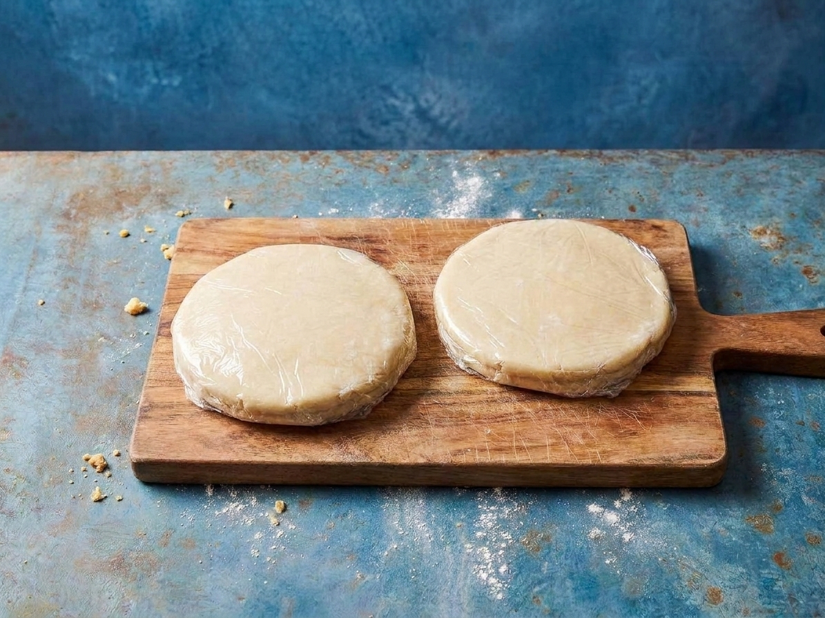 Two discs of pie dough wrapped in plastic on a cutting board in a home kitchen