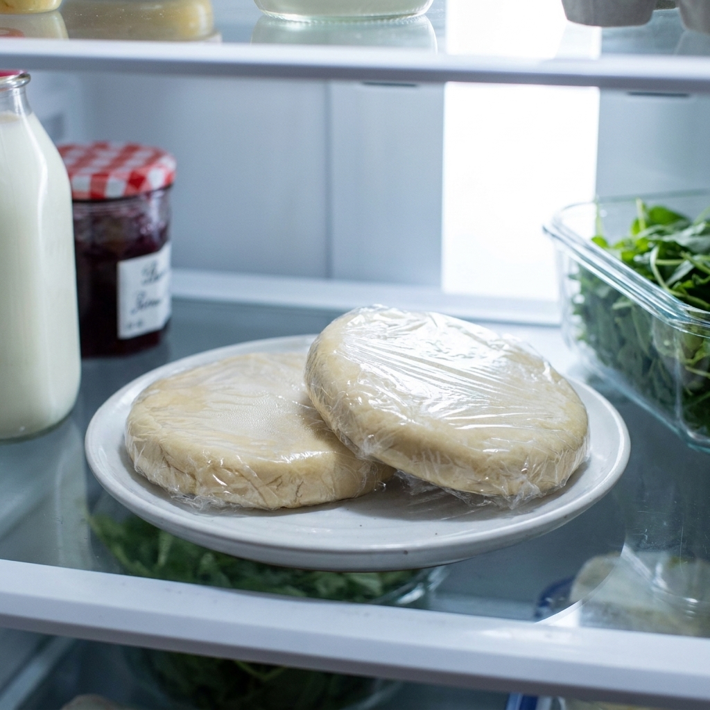 Two discs of pie dough wrapped in plastic wrap resting on a plate in a refrigerator