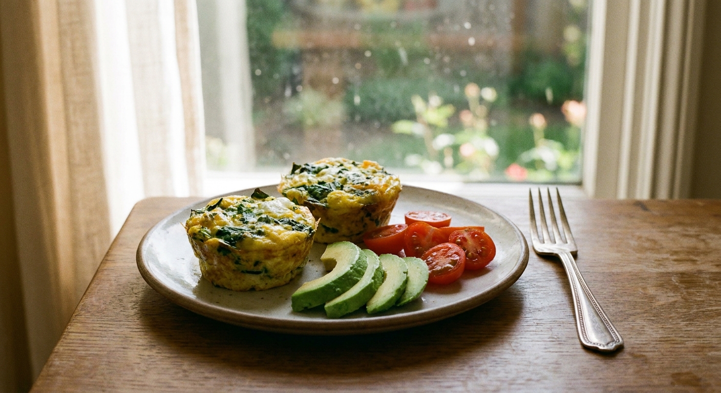 Two egg muffins on a breakfast plate with sliced avocado and cherry tomatoes, a fork on the side, morning window light
