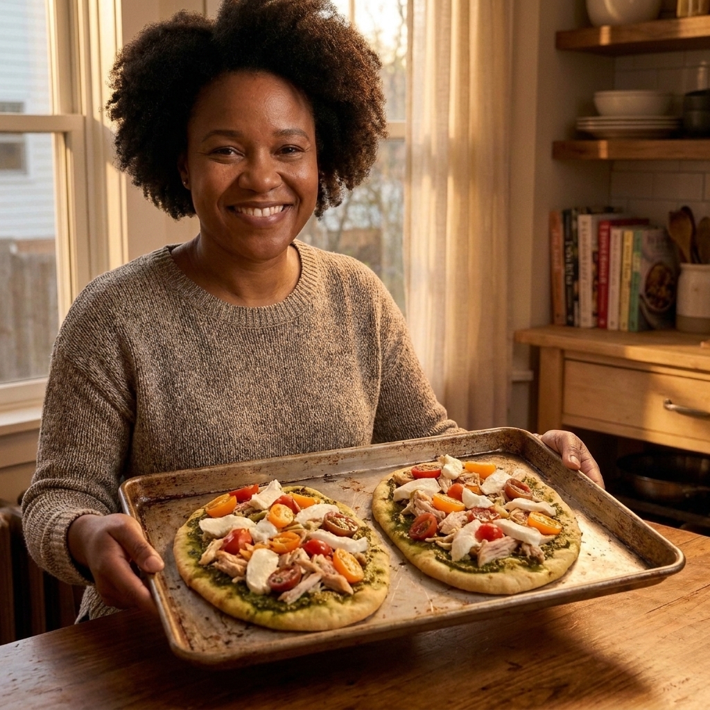 Two flatbreads on a baking sheet topped with pesto, shredded rotisserie chicken, mozzarella, and cherry tomatoes
