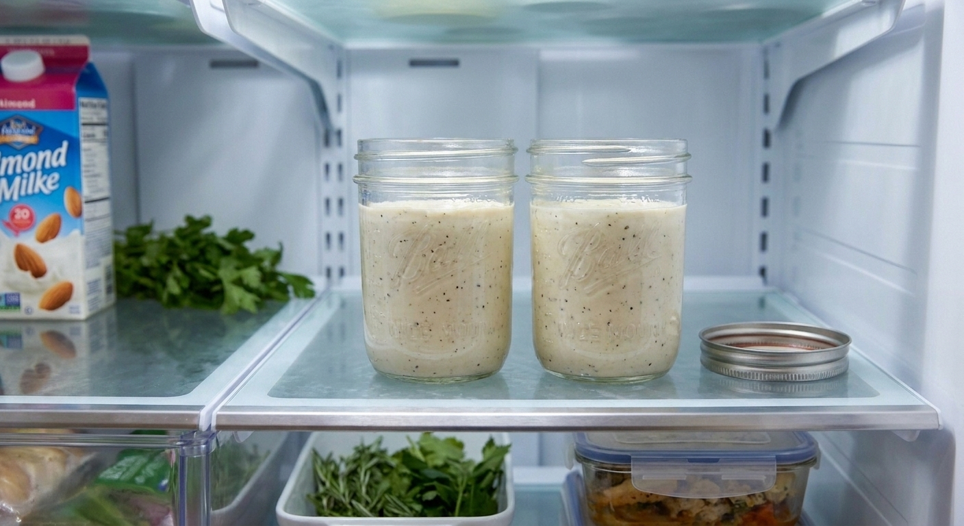 Two glass jars filled with dairy-free cream sauce on a refrigerator shelf, with a metal lid resting nearby