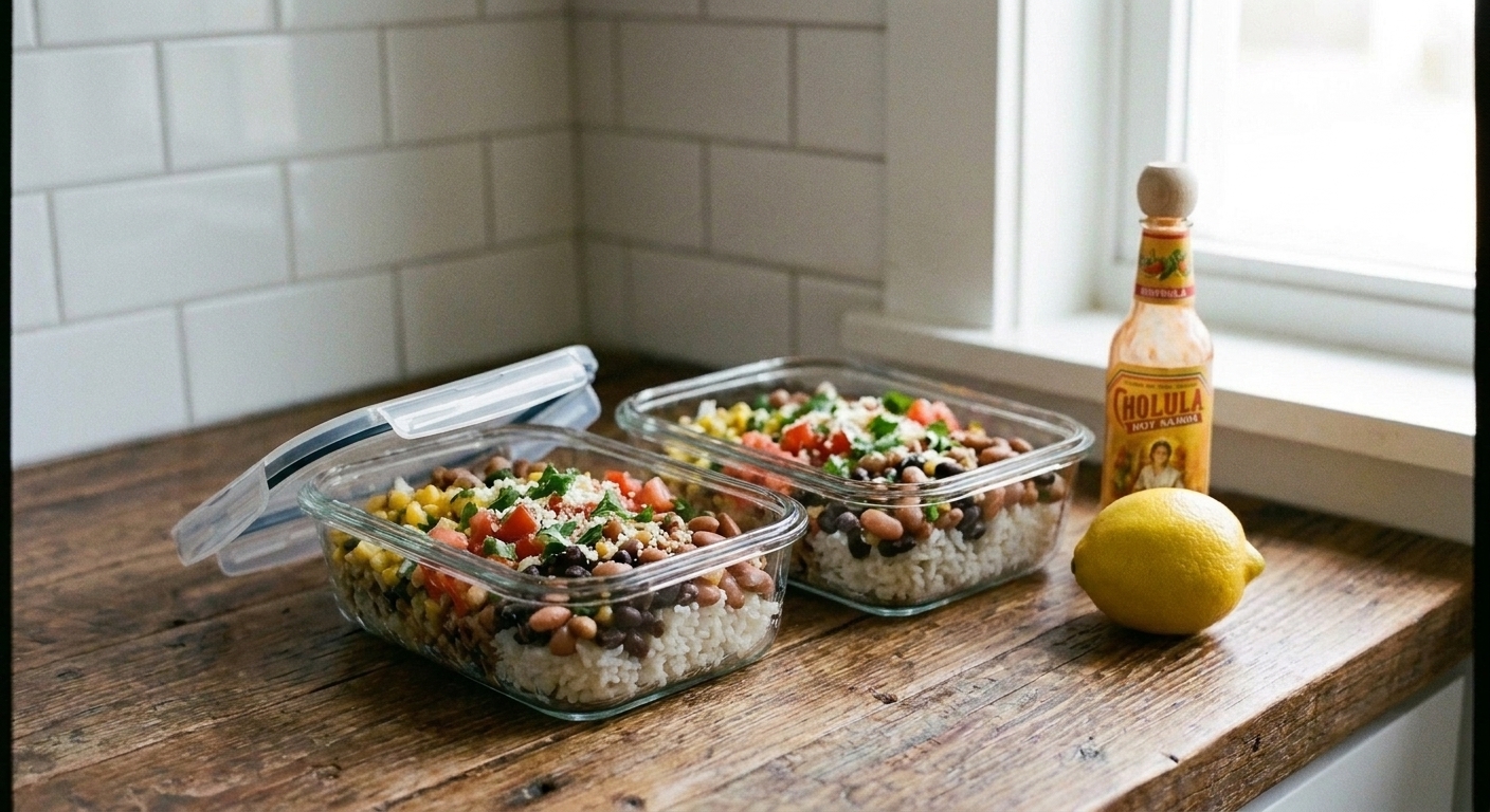 Two glass meal prep containers filled with leftover rice and bean bowls on a kitchen counter with a lemon and hot sauce nearby
