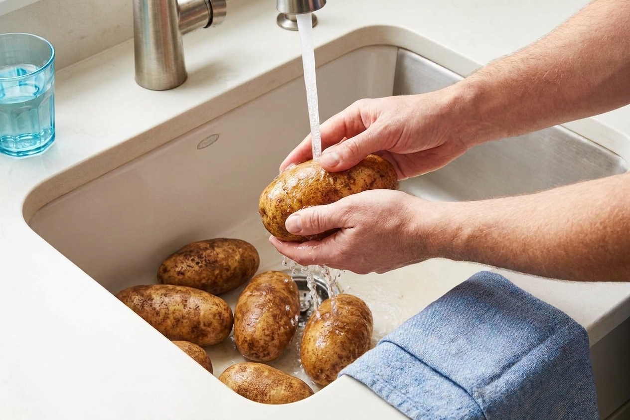 Two hands washing russet potatoes under running water in a kitchen sink