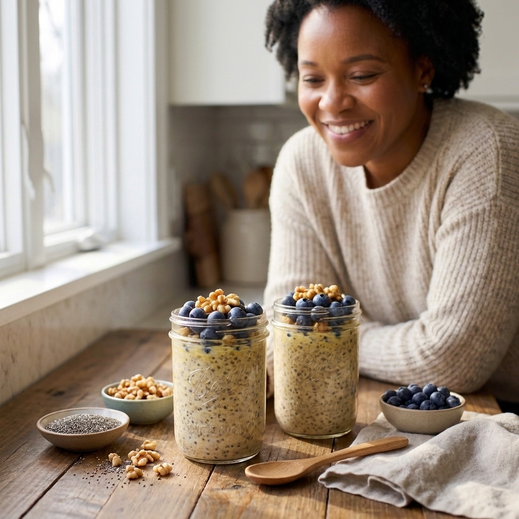 Two mason jars of overnight oats with blueberries and walnuts on a wooden table