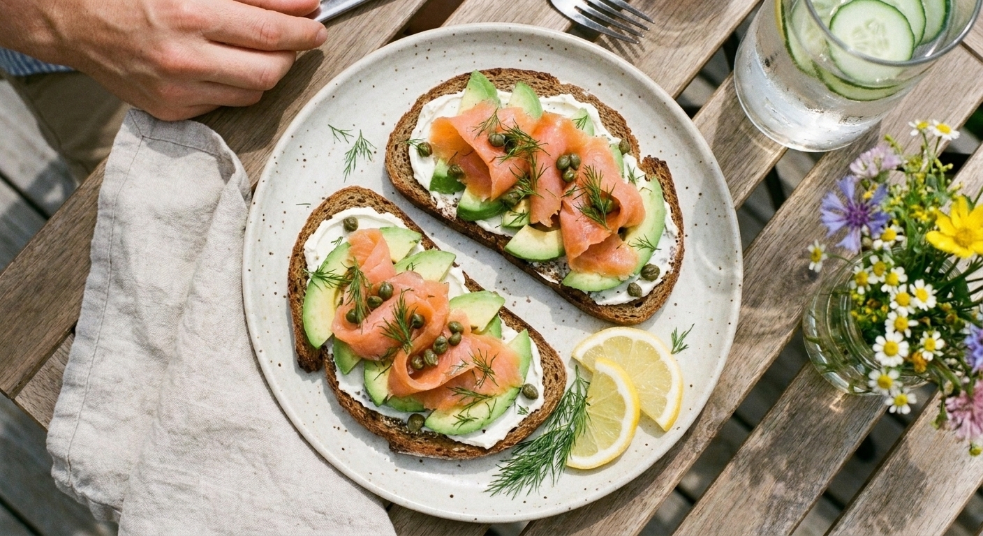 Two open-face rye sandwiches topped with avocado, smoked salmon, capers, and dill on a ceramic plate