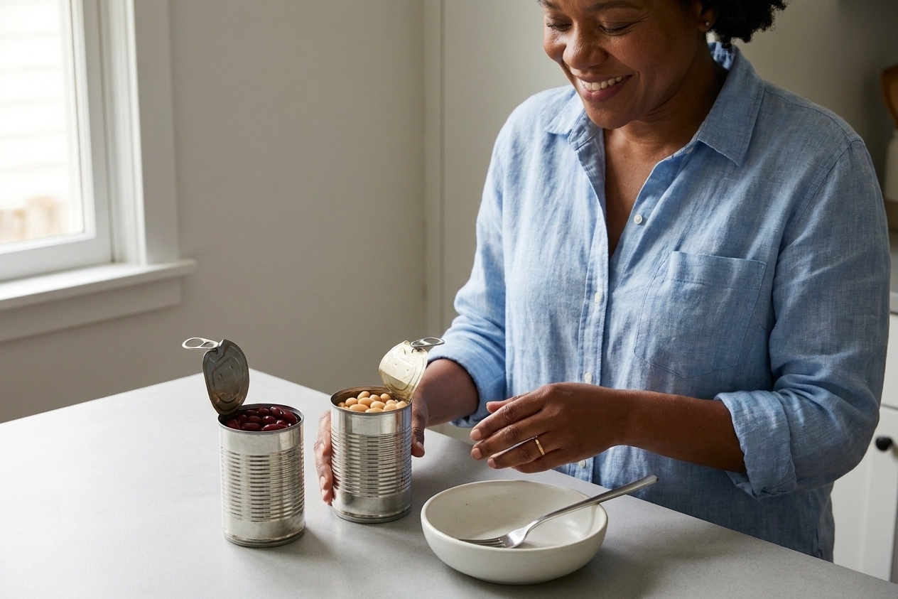 Two opened cans of beans on a countertop with a fork and a small bowl ready for draining