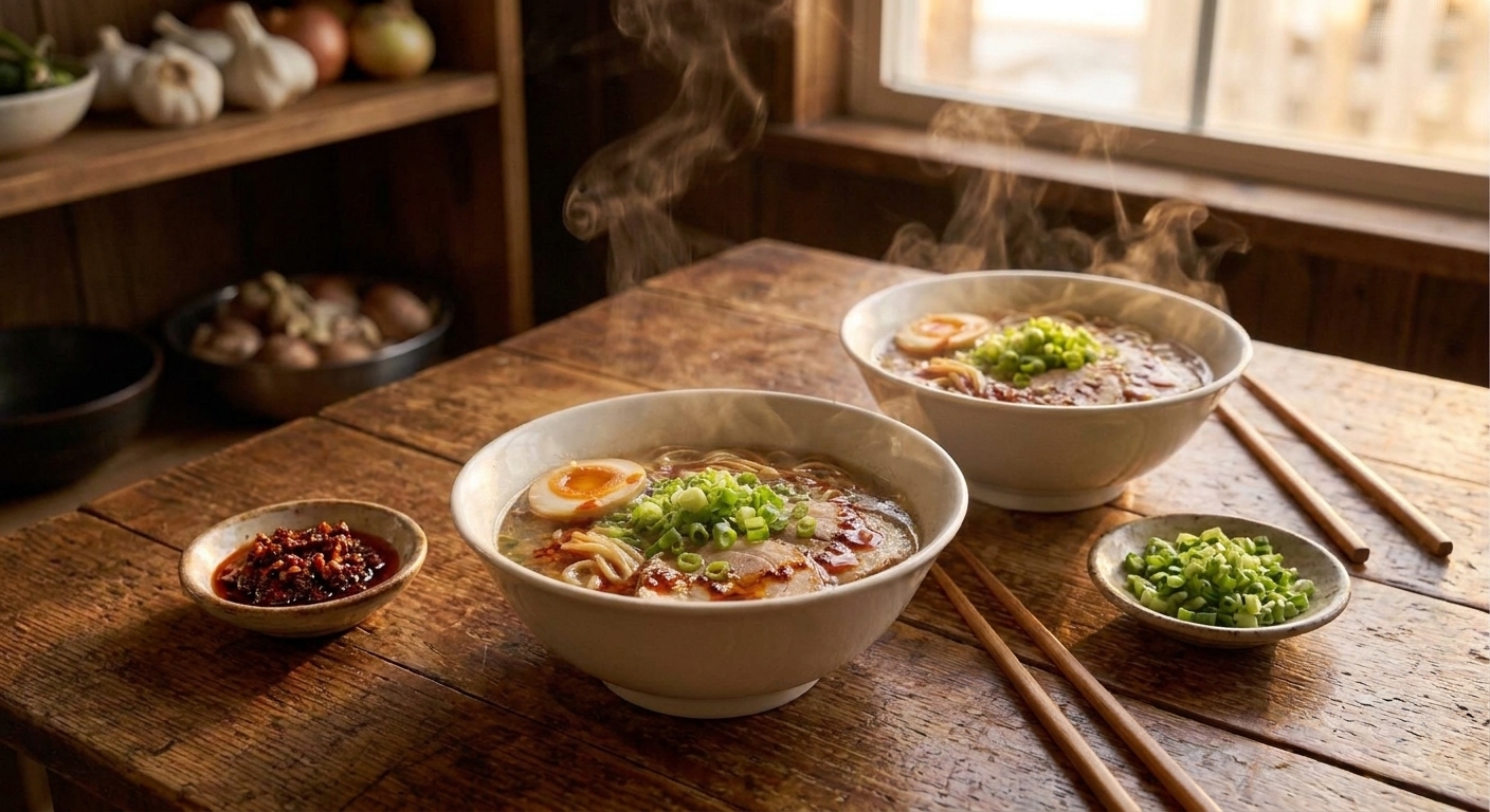Two ramen bowls on a cozy dinner table with chopsticks, small dishes of chili crisp and scallions, and warm evening lighting