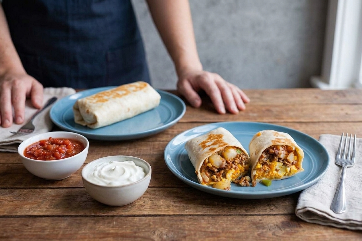 Two reheated breakfast burritos on plates with small bowls of salsa and sour cream on a breakfast table