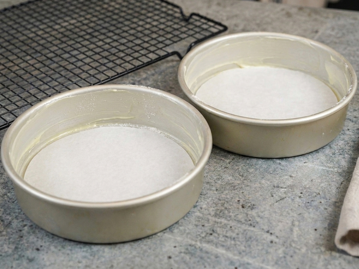 Two round cake pans lined with parchment circles and lightly greased sides on a kitchen counter