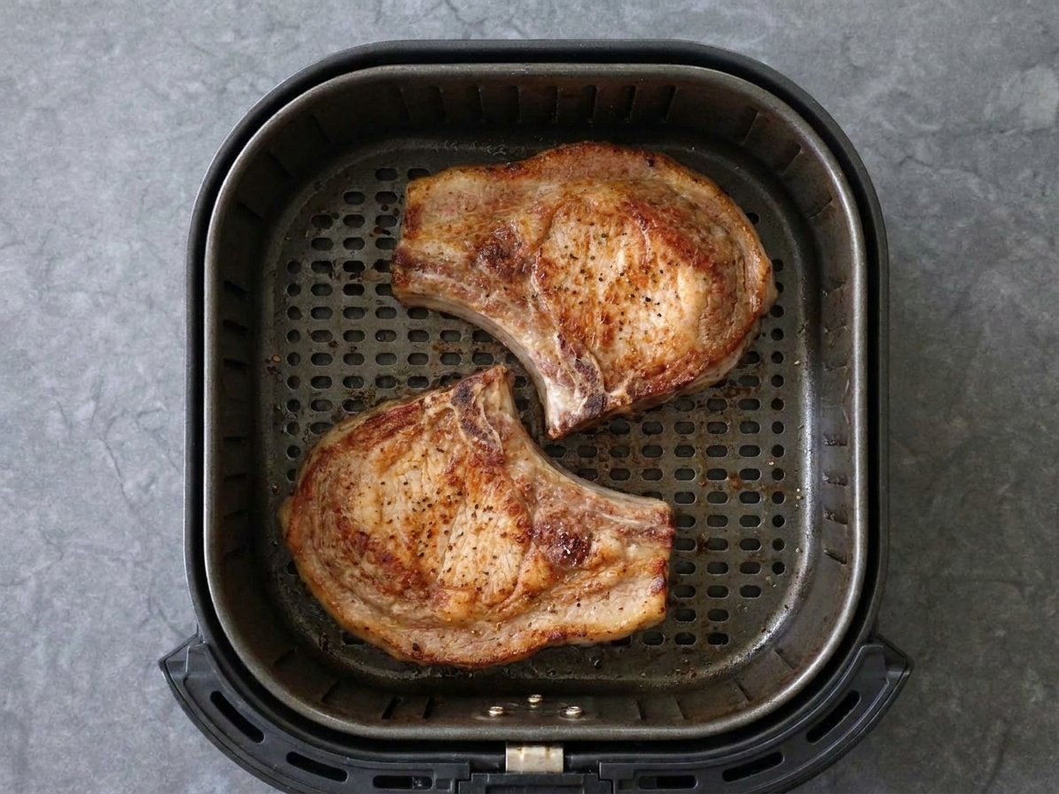 Two seasoned pork chops arranged in a single layer inside an air fryer basket, lightly browned with visible spices