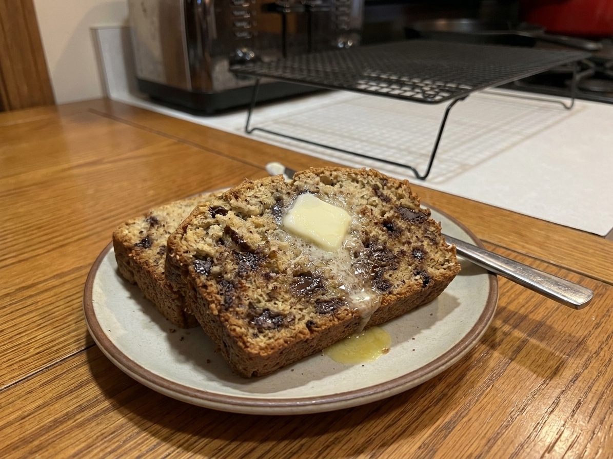 Two slices of banana bread on a small plate with a pat of butter melting on top on a cozy kitchen table