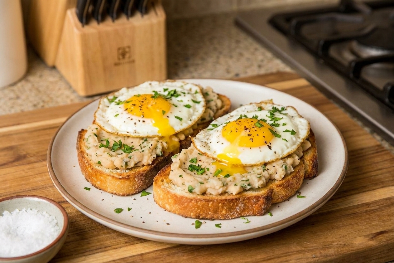Two slices of toast topped with herby mashed white beans and a fried egg with a runny yolk