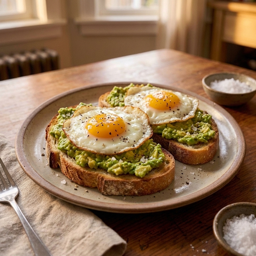 Two slices of toast topped with mashed avocado and a jammy fried egg, sprinkled with salt and pepper on a plate