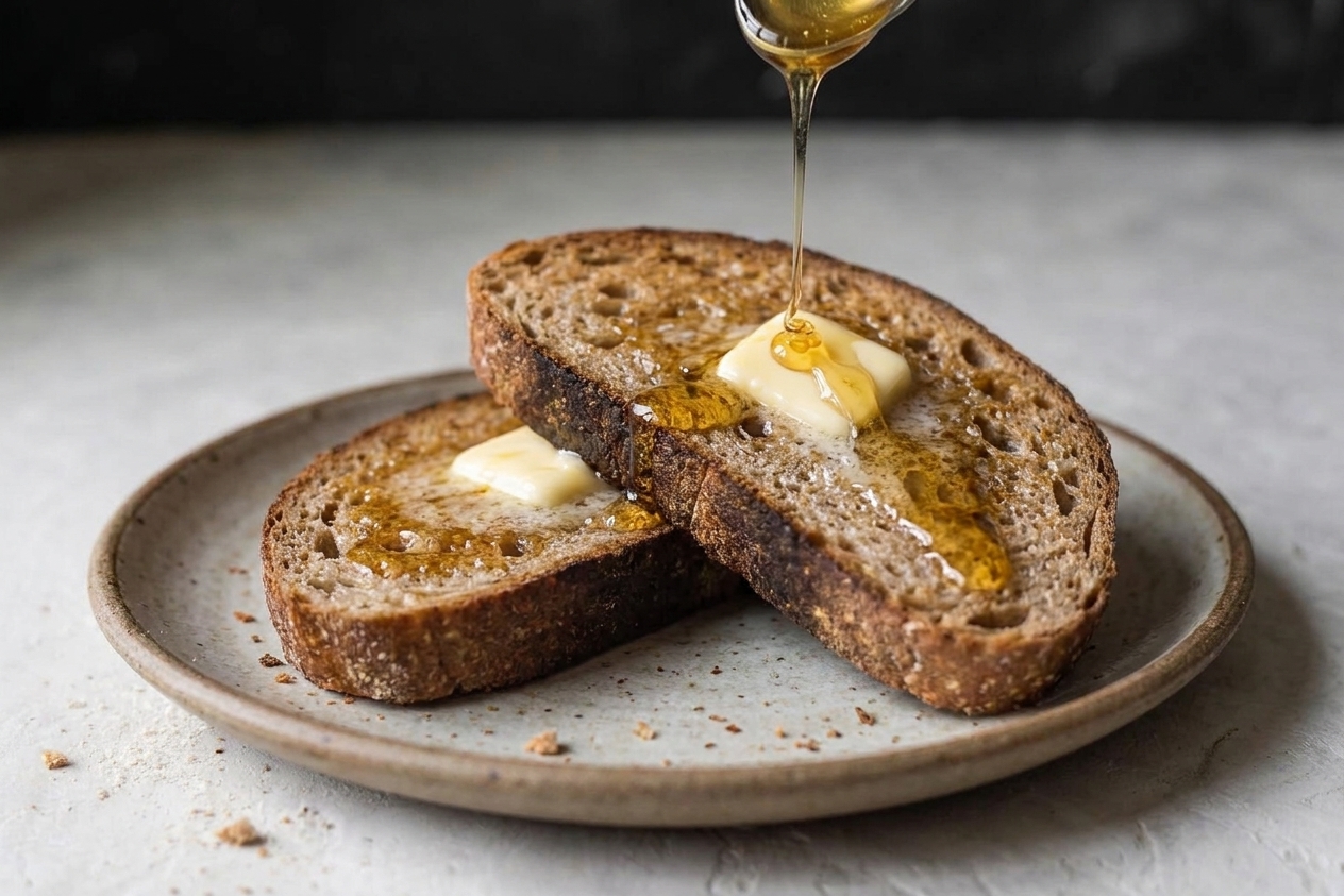 Two slices of toasted wheat bread on a plate with butter melting and a drizzle of honey