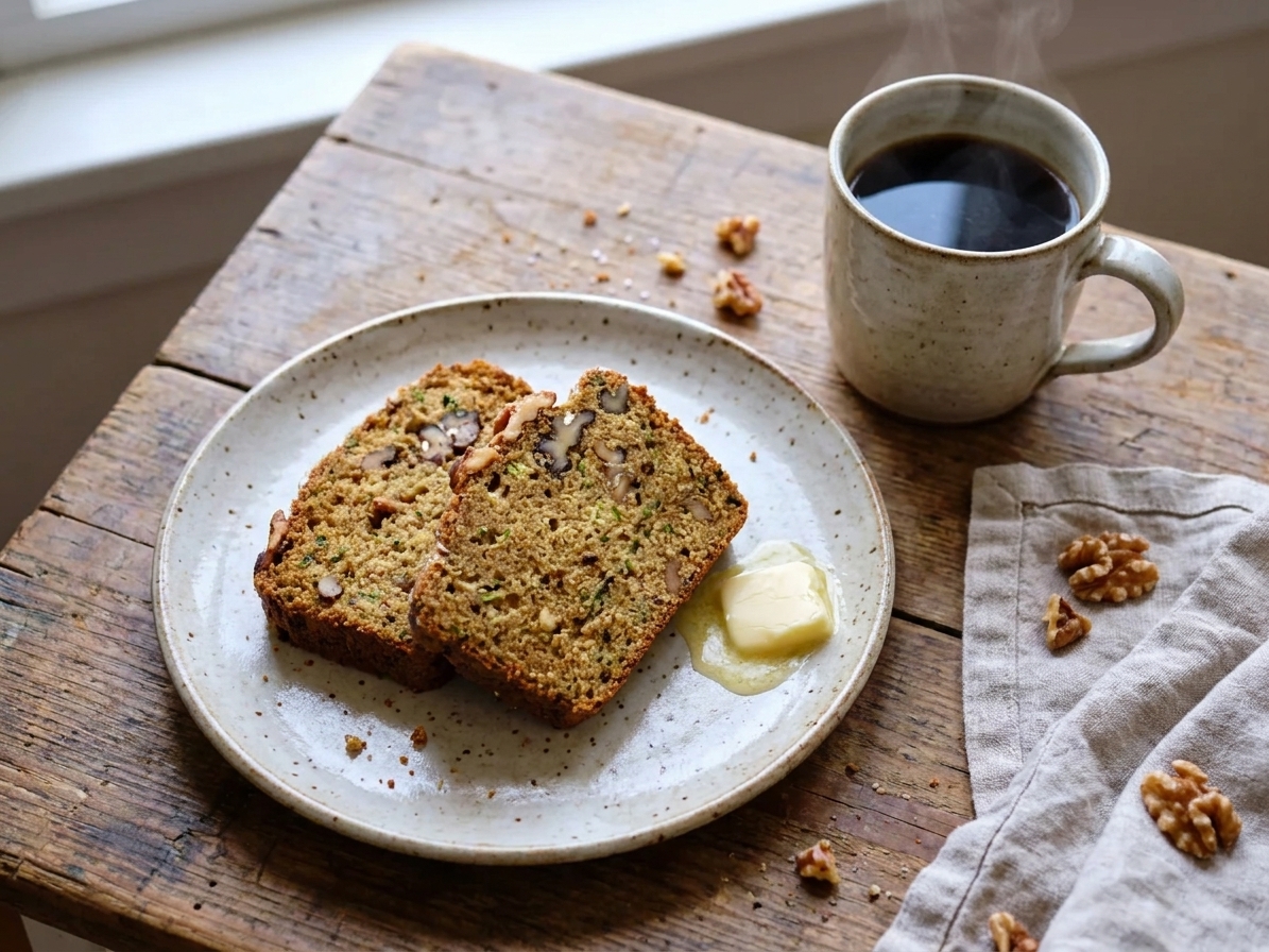 Two slices of zucchini bread on a ceramic plate with a small pat of butter and a mug of coffee nearby on a wooden table