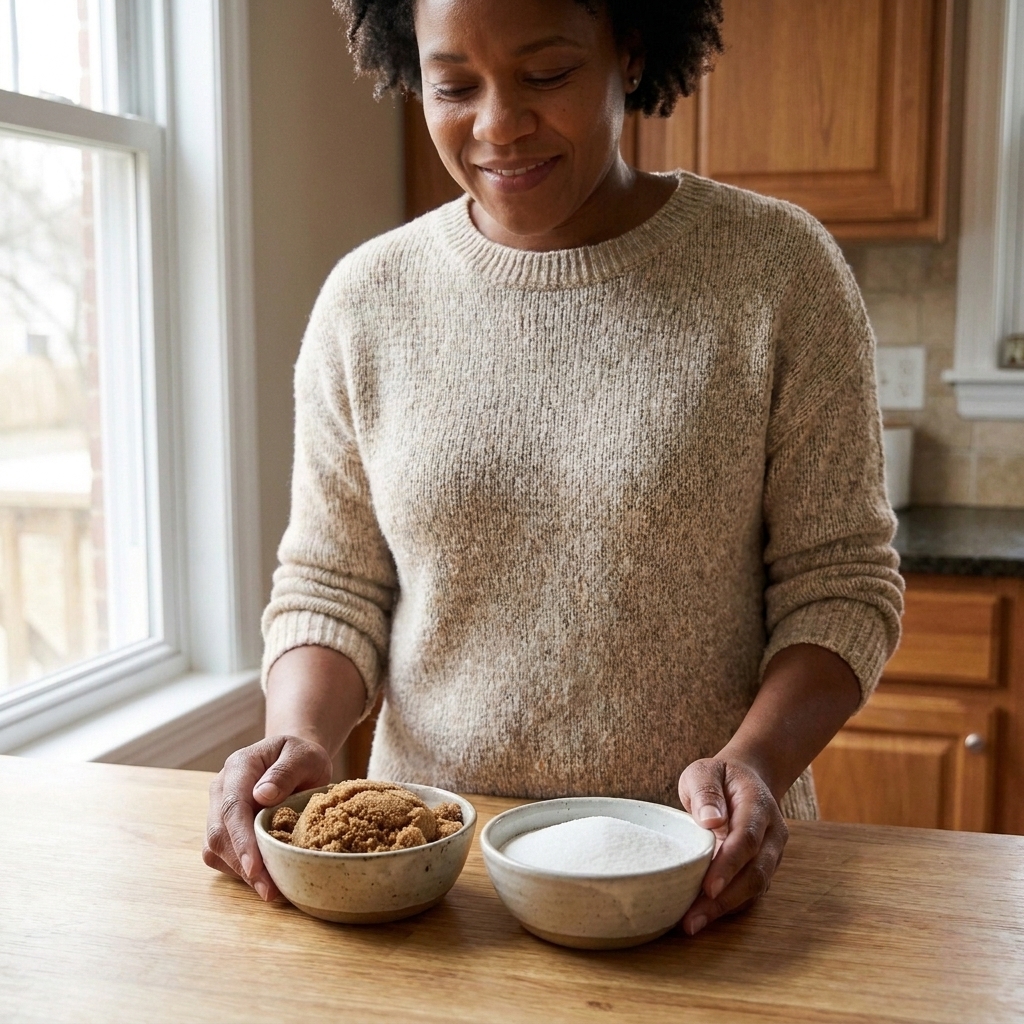 Two small ceramic bowls on a counter, one filled with packed brown sugar and one filled with granulated white sugar