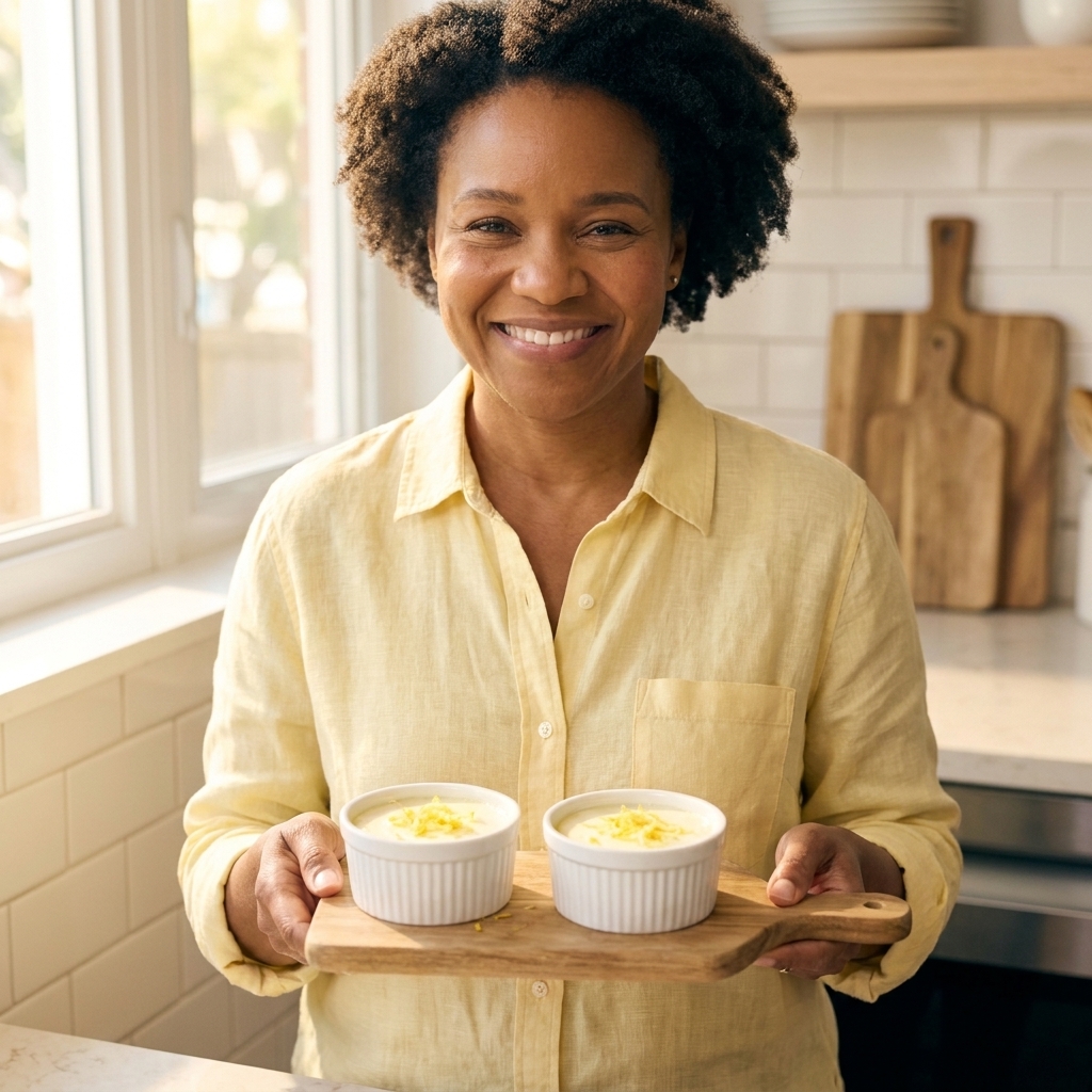 Two small ramekins filled with creamy lemon cheesecake topped with lemon zest on a wooden board
