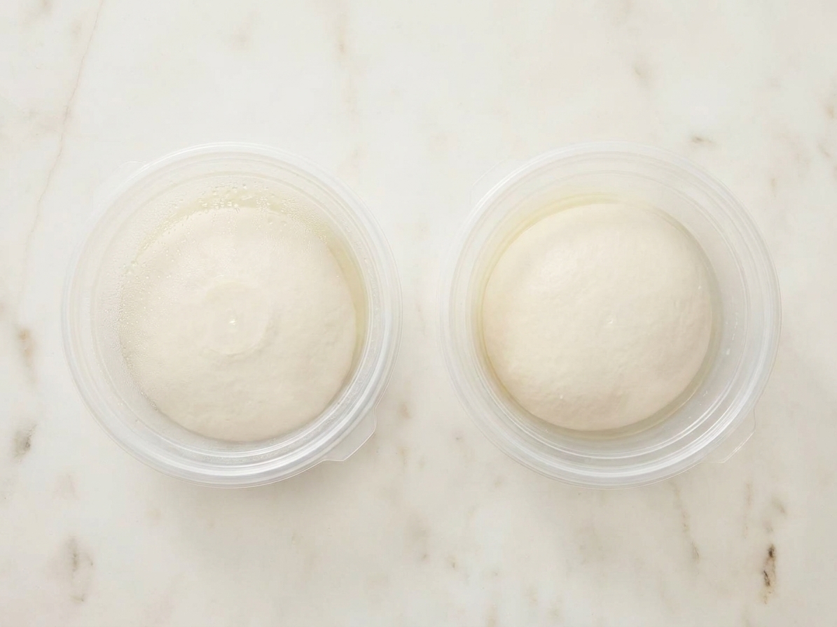 Two smooth pizza dough balls resting in lightly oiled round containers with lids on a kitchen counter