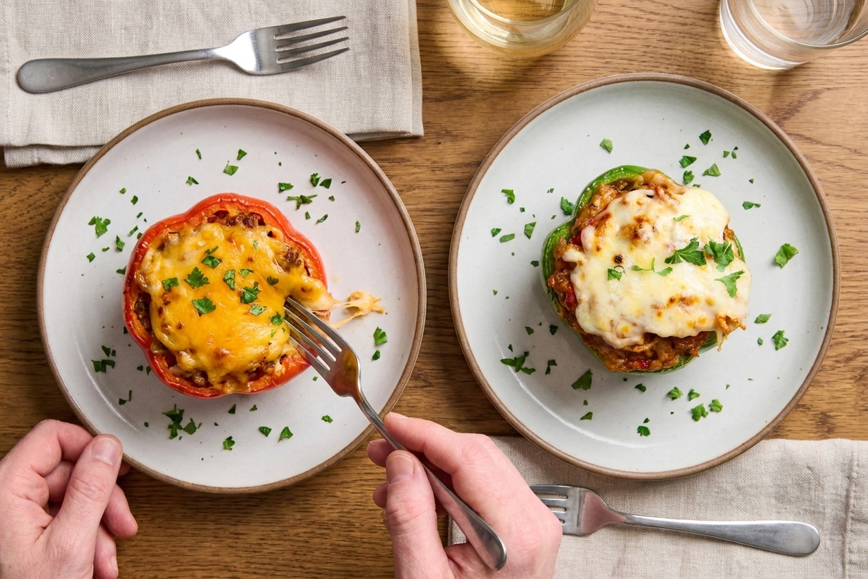 Two stuffed bell peppers on plates, one topped with cheddar and one topped with mozzarella, set on a dinner table with forks