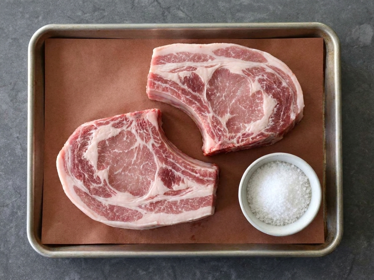 Two thick bone-in pork chops on a butcher paper lined tray with visible marbling and a small bowl of kosher salt nearby