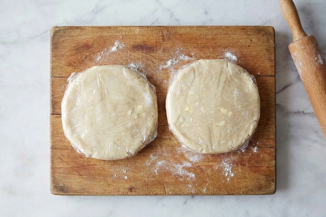 Two wrapped pie dough disks in clear plastic wrap resting on a cutting board in a home kitchen