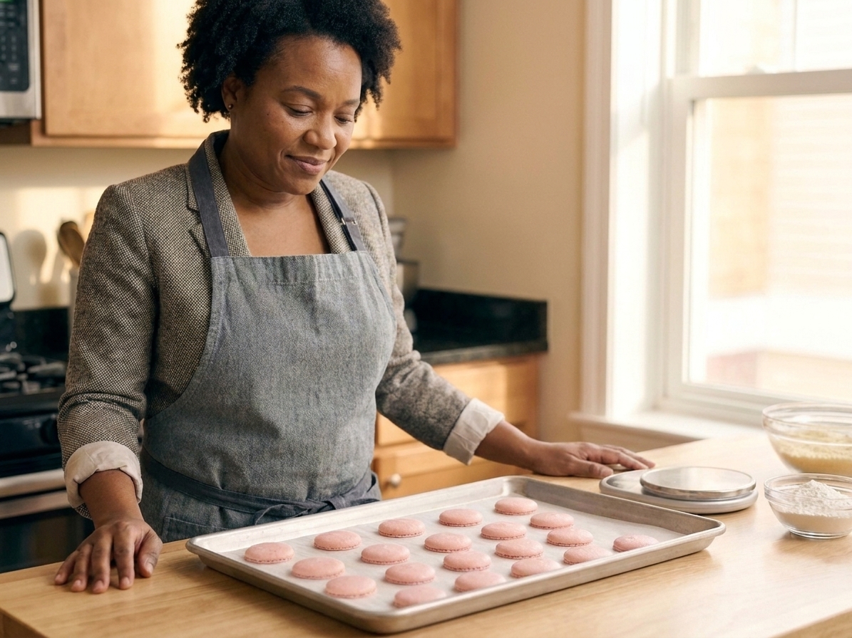 Unbaked macaron shells resting on a baking sheet on a kitchen counter with matte, dry-looking tops
