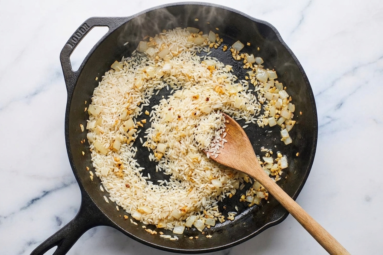 Uncooked rice being stirred in a skillet with onions and garlic, lightly toasting before broth is added