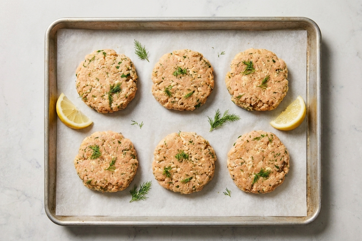 Uncooked salmon patties portioned and shaped on a parchment lined baking sheet