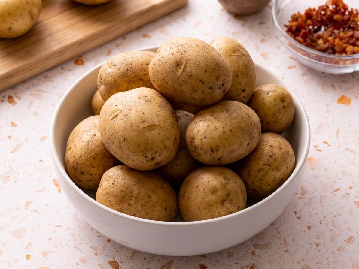 Unpeeled Yukon Gold potatoes piled in a bowl on a kitchen counter, ready for soup
