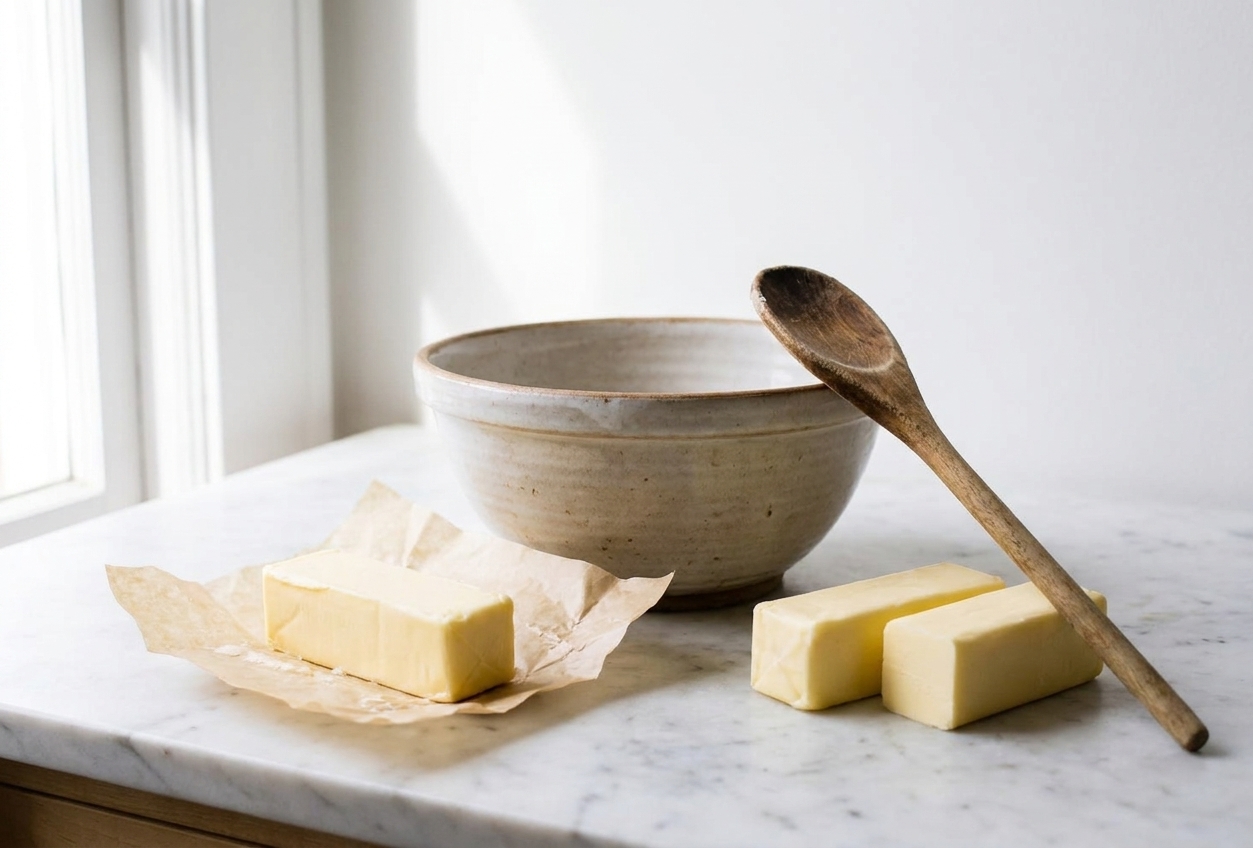 Unwrapped vegan butter sticks on parchment paper next to a mixing bowl and wooden spoon on a bright kitchen counter